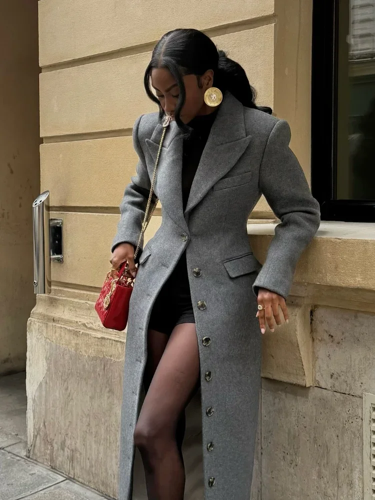 Fashion Waist Cinching Woolen Long Coats For Women Lapel Long Sleeve Single-breasted Shoulder Pad Coat New Lady Commuter Outwear - Image 4