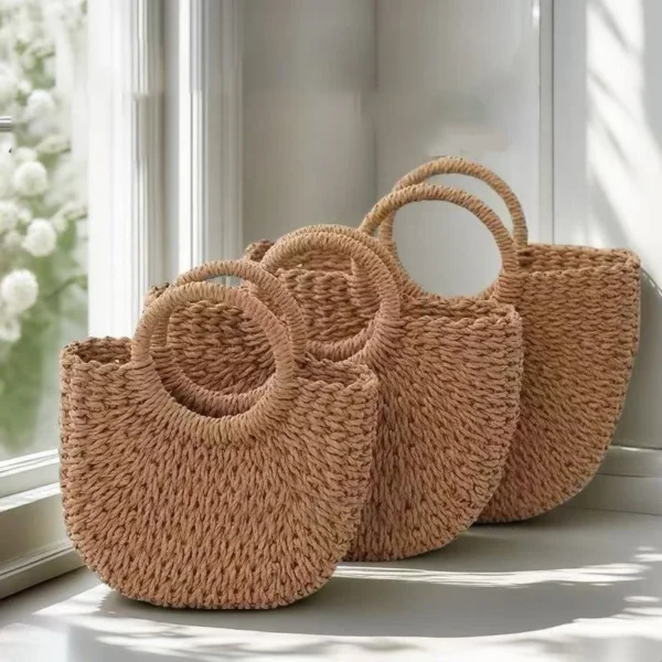 Handwoven Rattan Beach Bag Boho Half-Moon Purse Large HollowOut Tote Summer Crossbody Shoulder Bag Women's Fashion Straw Handbag - Image 6