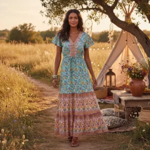 Happie Queens Women Floral Print Beach Bohemian Rayon Maxi Dresses Ladies V Neck Button Boho Pleated Dress Vestidos