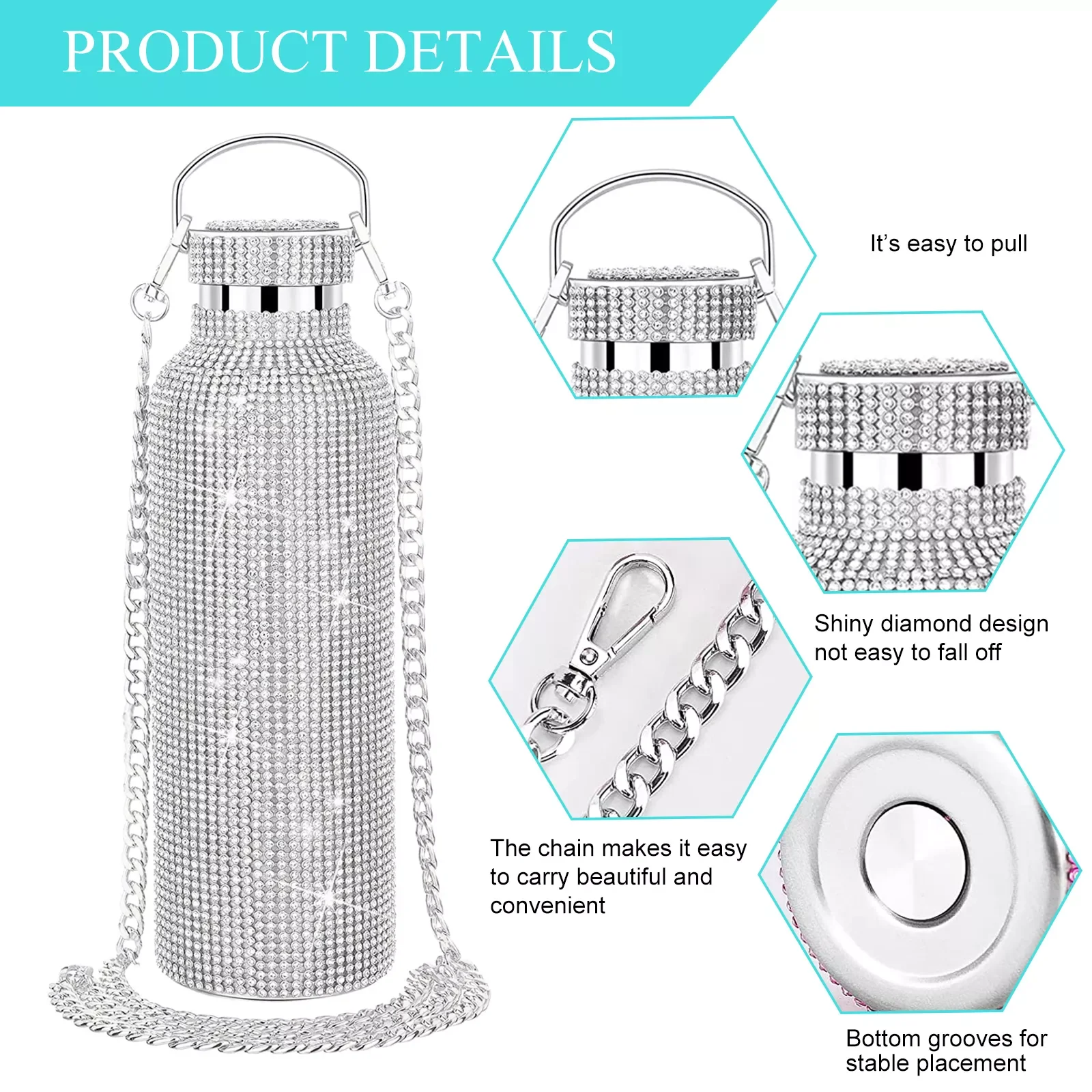 350ml/500ml/750ml NEW Bling Diamond Thermos Bottle Insulated Rhinestone Vacuum Cup Water Bottle Stainless Steel Flask Bottle - Image 2