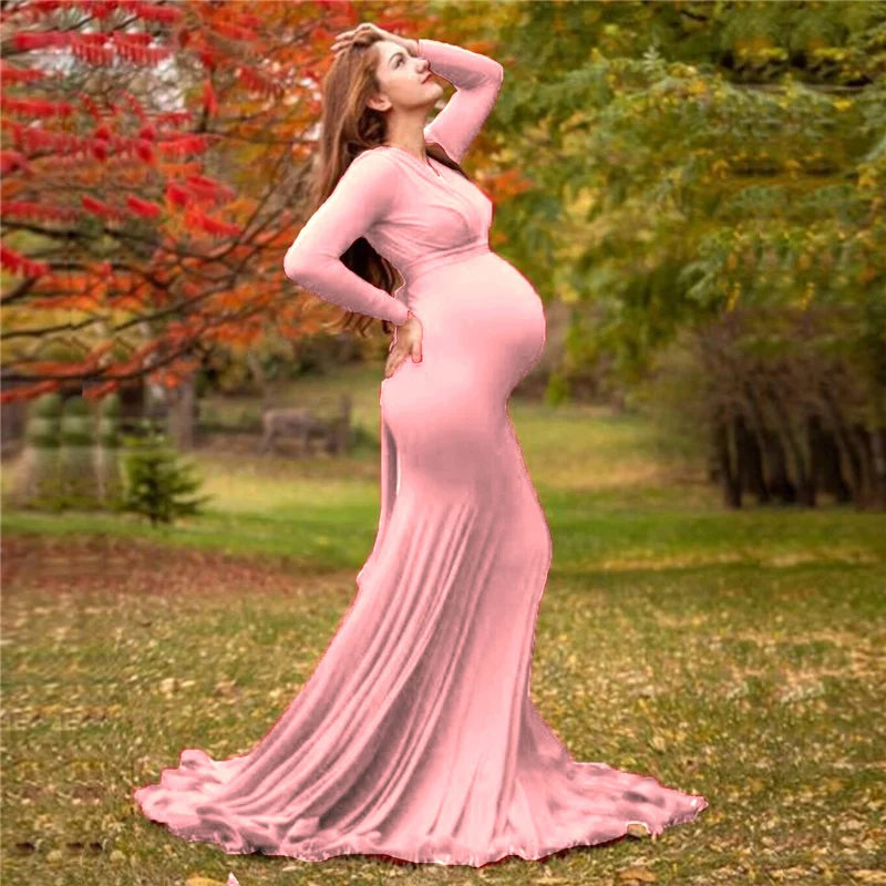 Spring Elegant Maternity Dresses For Photo Shoot Pregnant Women Dress Long Sleeve V-Neck Pregnancy Photography Shower Dress - Image 3
