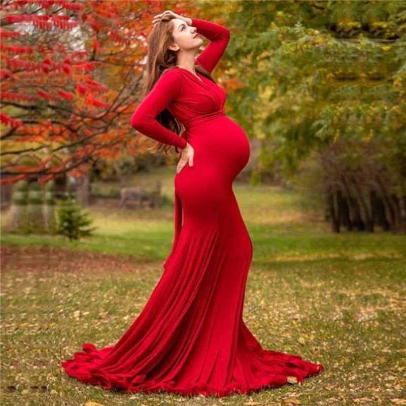 Spring Elegant Maternity Dresses For Photo Shoot Pregnant Women Dress Long Sleeve V-Neck Pregnancy Photography Shower Dress
