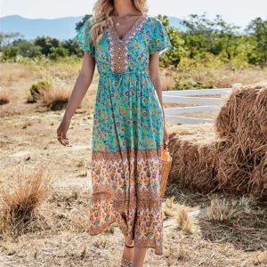 Happie Queens Women Floral Print Beach Bohemian Rayon Maxi Dresses Ladies V Neck Button Boho Pleated Dress Vestidos