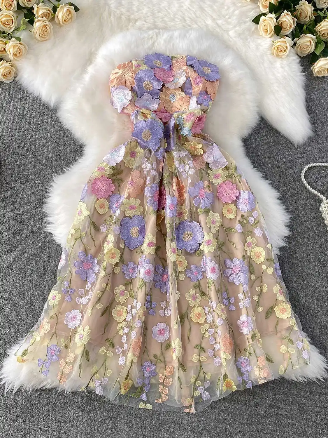 Luxury 3D Flower Tulle Long Formal Dresses Women Summer Autumn Sexy Corset Chest Wrapping Embroidery Prom Evening Dress