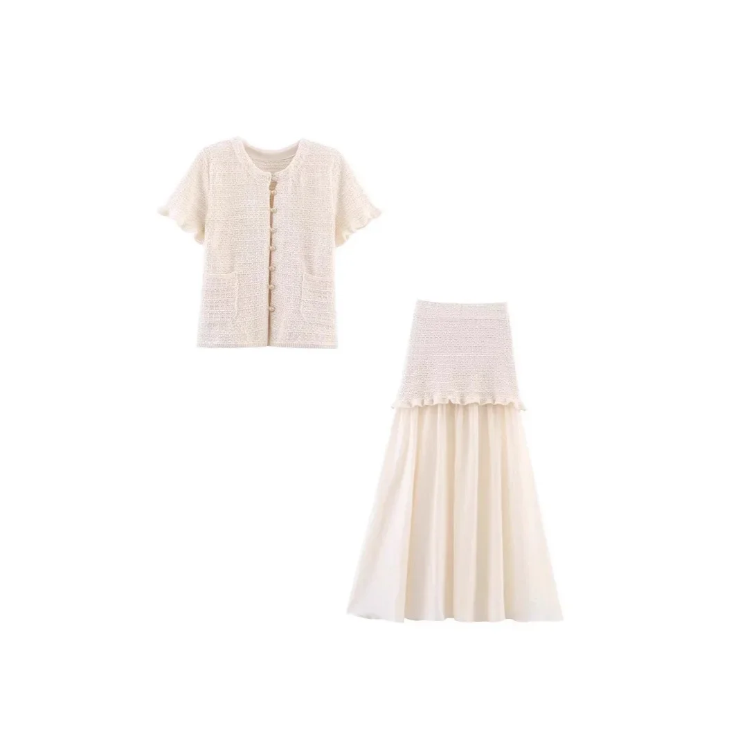 Summer 2025 ZR New Style Two-tone Layered Decorative round Neck Knitted Top with Pleated Hemline Splicing Design Women's Wear - Image 2