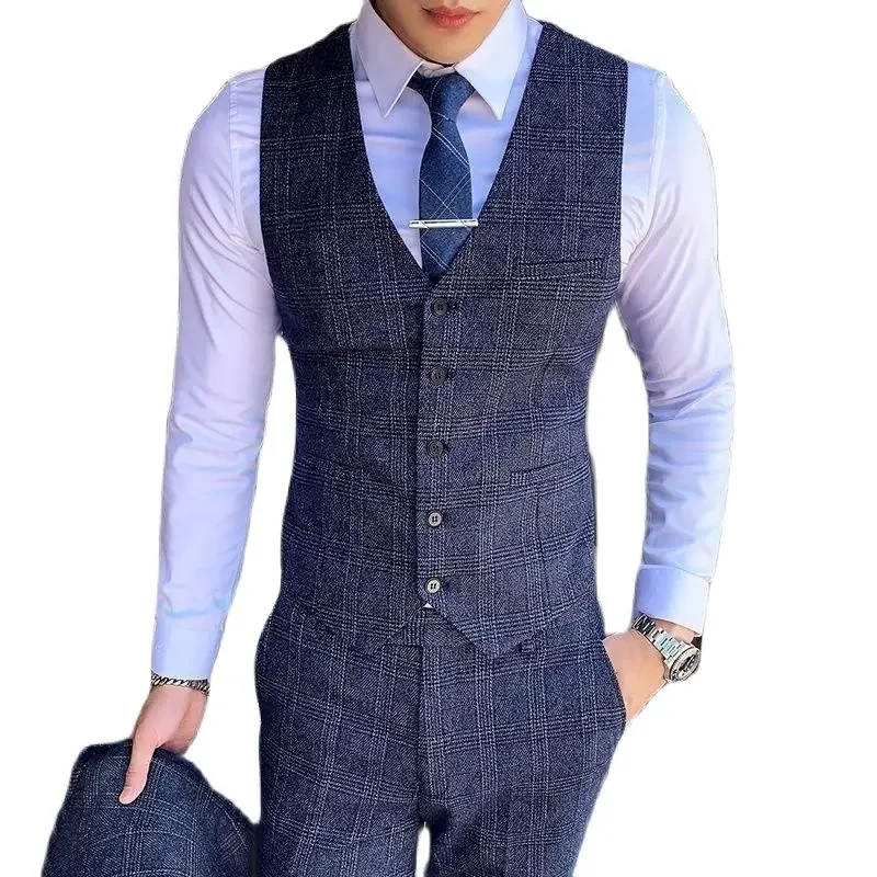 Dark Blue Men's Suit Three Piece, Business Casual Jacket and Vest with Trousers, Gray Dark Brown Slim Fit Sets, Asian Size - Image 5