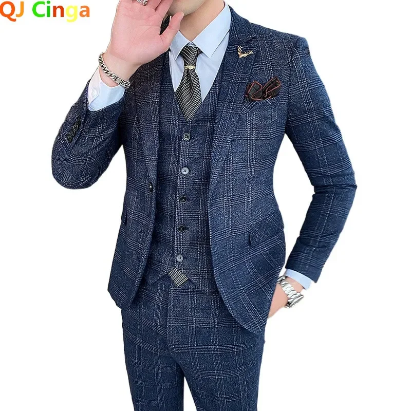 Dark Blue Men's Suit Three Piece, Business Casual Jacket and Vest with Trousers, Gray Dark Brown Slim Fit Sets, Asian Size - Image 4