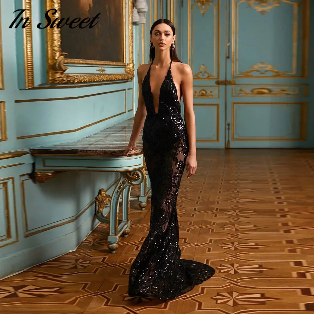 Customized Deep V Halter Mermaid Evening Dresses Black Sequin Lace Tulle Prom Gown Backless Sexy Court Train Party Dress Vestido - Image 3