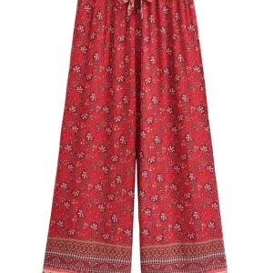 Vintage Chic Women Red Floral Bohemian Wide Leg Pants Lady Elastic Waist Loose Vacation Boho Long Pants Oversize Trousers