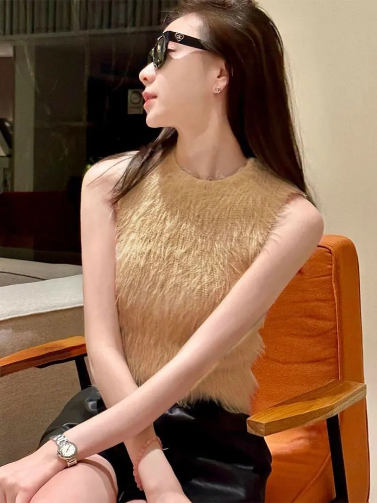 Faux Fur Tank Top Women Korean Knitted Cropped Tee Shirt Pulover Luxury Off shoulder Sleeveless Top Elegant Basic T-shirt 2025 - Image 4