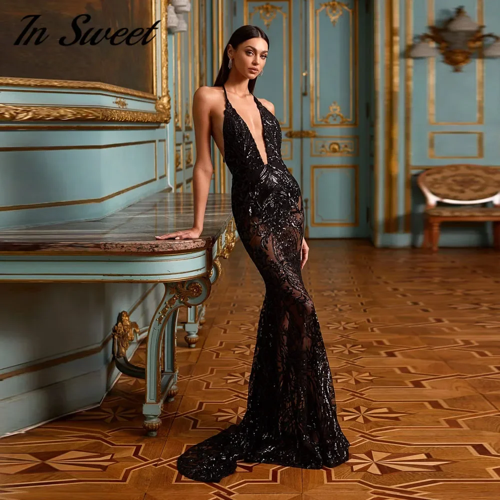 Customized Deep V Halter Mermaid Evening Dresses Black Sequin Lace Tulle Prom Gown Backless Sexy Court Train Party Dress Vestido - Image 4