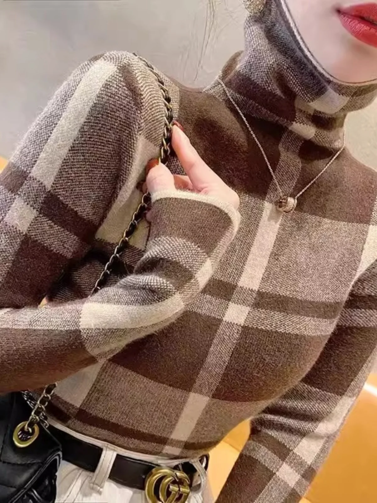 Trendy Plaid High Collar Sweater Women Base irt Faionable Inner Wear Boting irt Commute Sle Slim Fit Long Sve