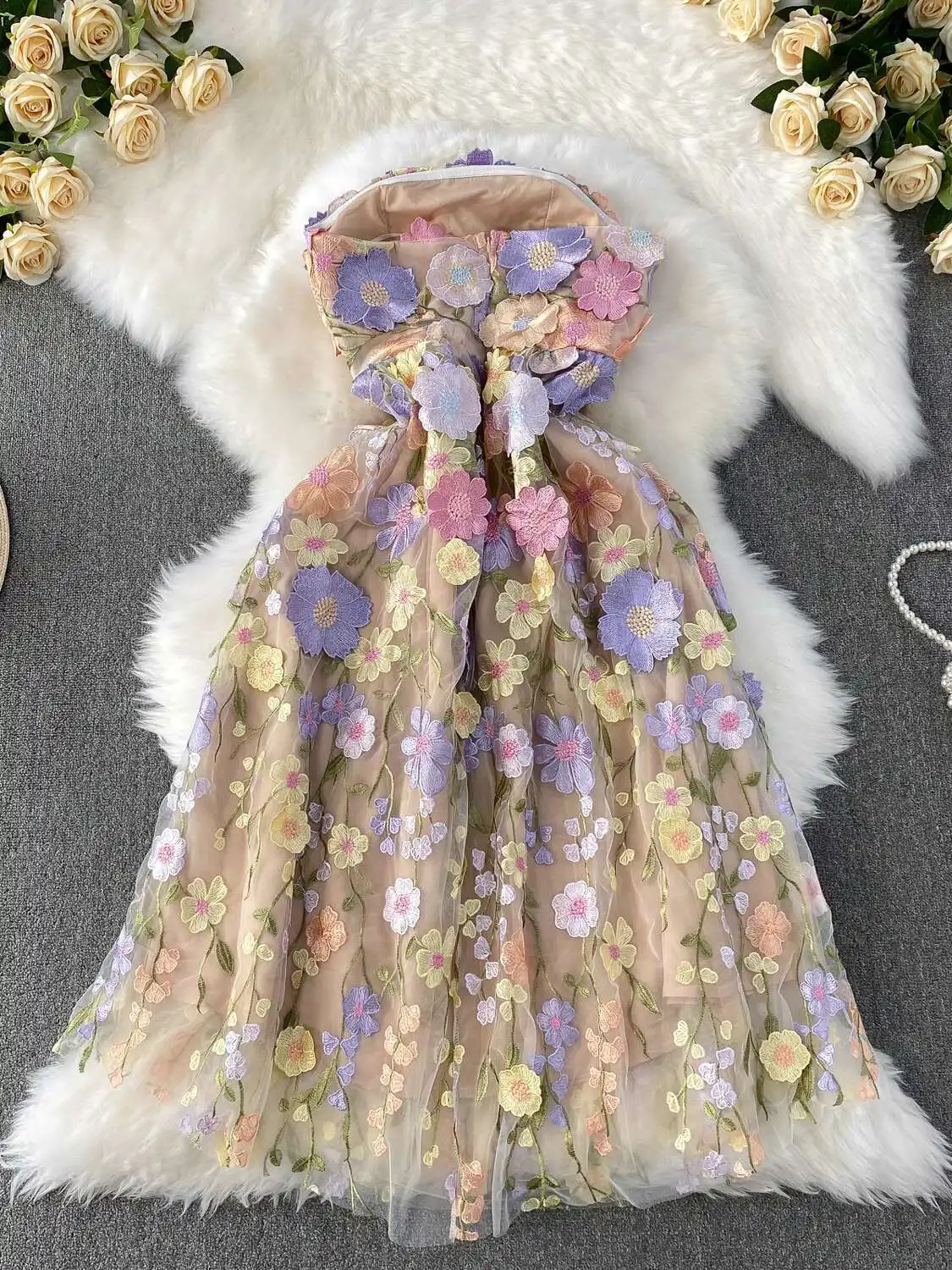 Luxury 3D Flower Tulle Long Formal Dresses Women Summer Autumn Sexy Corset Chest Wrapping Embroidery Prom Evening Dress - Image 3