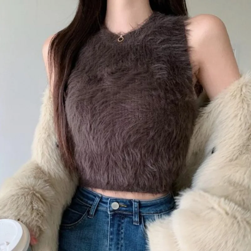 Solid Fur Tanks Women Sleeveless O-neck Simple Basic Sexy Streetwear Chic Harajuku Hot Nightclub Female Short Fashion Cloth Lady - Image 4
