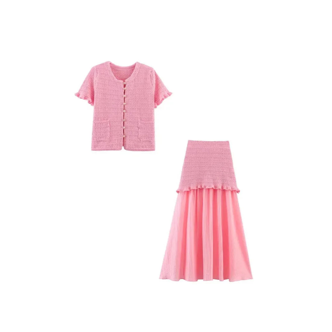 Summer 2025 ZR New Style Two-tone Layered Decorative round Neck Knitted Top with Pleated Hemline Splicing Design Women's Wear - Image 3