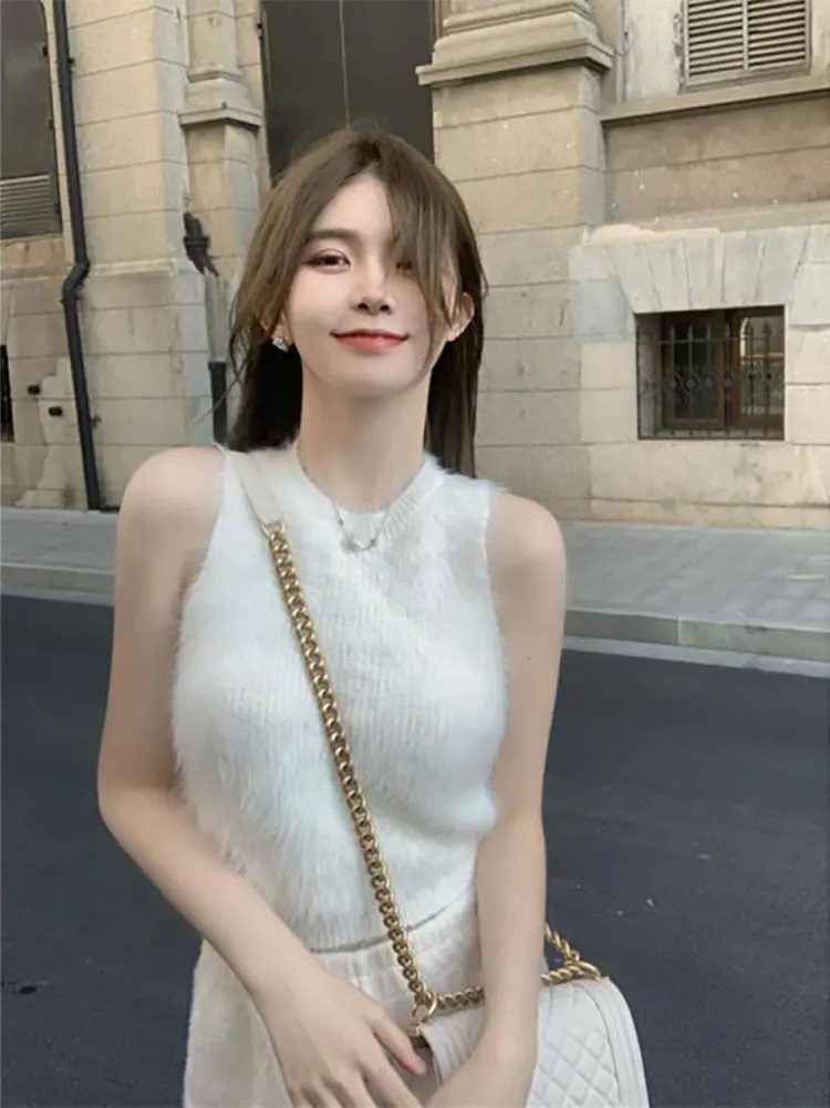 Faux Fur Tank Top Women Korean Knitted Cropped Tee Shirt Pulover Luxury Off shoulder Sleeveless Top Elegant Basic T-shirt 2025 - Image 5