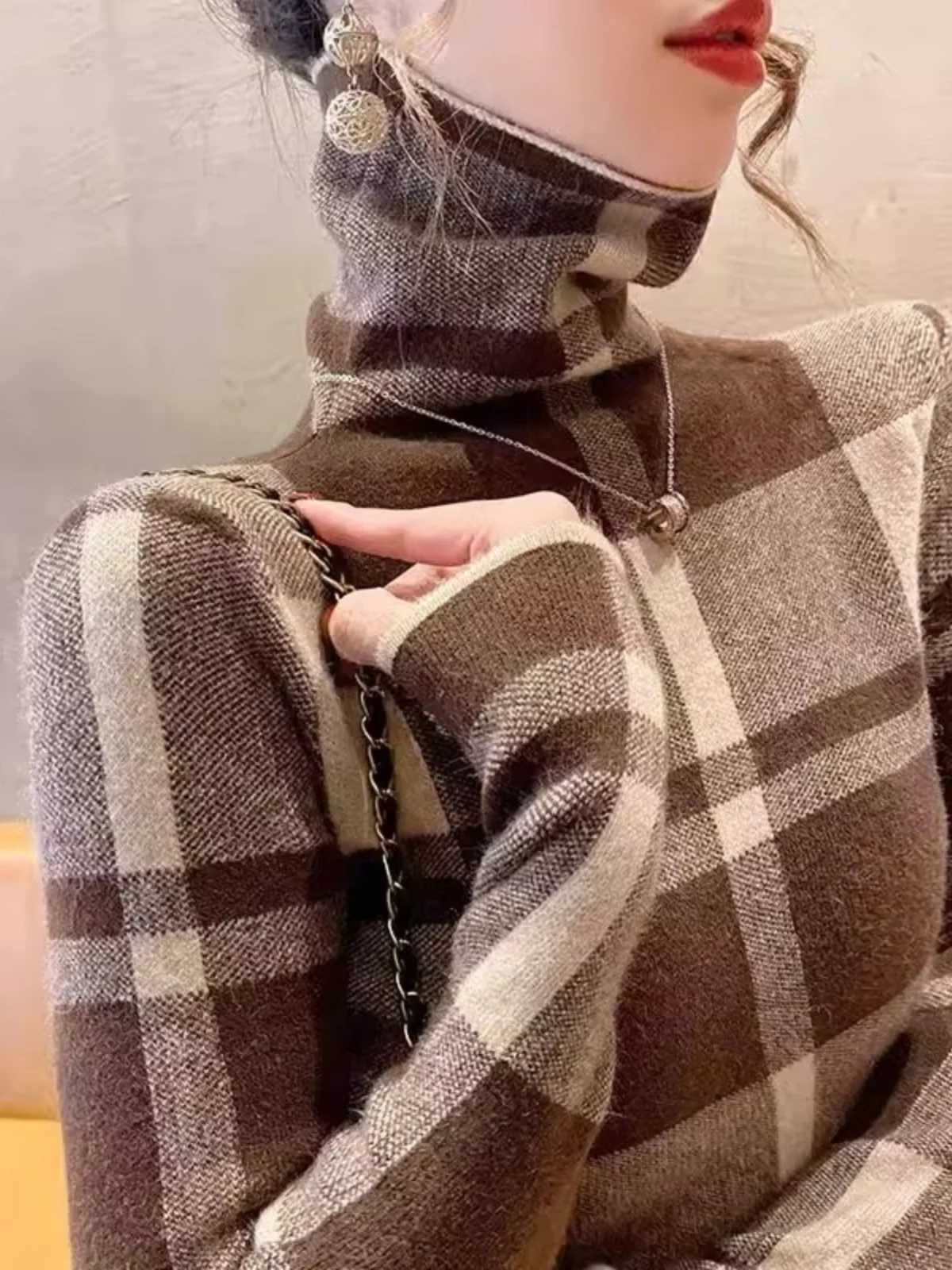 Trendy Plaid High Collar Sweater Women Base irt Faionable Inner Wear Boting irt Commute Sle Slim Fit Long Sve - Image 4