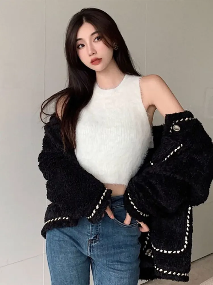 Faux Fur Tank Top Women Korean Knitted Cropped Tee Shirt Pulover Luxury Off shoulder Sleeveless Top Elegant Basic T-shirt 2025 - Image 6