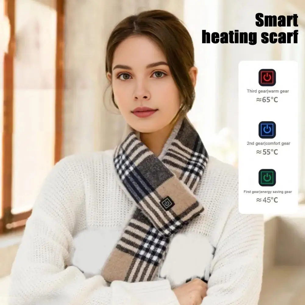 Winter Heated Scarf Men Women Rechargeable 3 Heat Settings Waterproof Neck Heating Pad Plaid Print Scarf