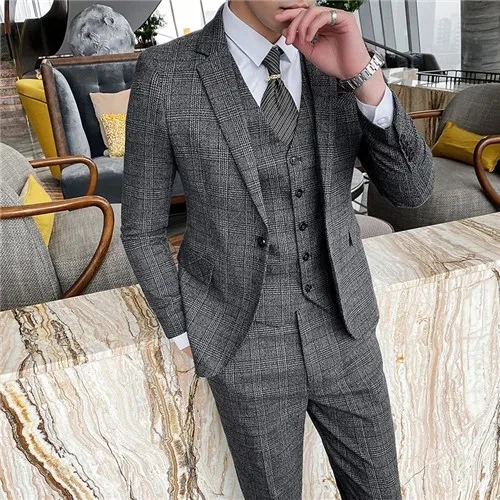 Dark Blue Men's Suit Three Piece, Business Casual Jacket and Vest with Trousers, Gray Dark Brown Slim Fit Sets, Asian Size - Image 3