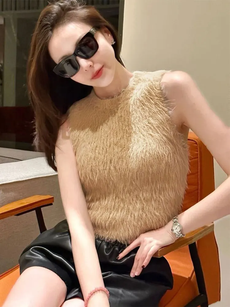 Faux Fur Tank Top Women Korean Knitted Cropped Tee Shirt Pulover Luxury Off shoulder Sleeveless Top Elegant Basic T-shirt 2025 - Image 3