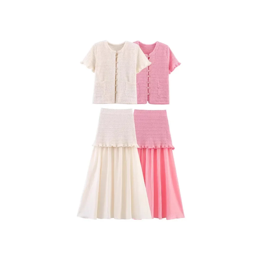 Summer 2025 ZR New Style Two-tone Layered Decorative round Neck Knitted Top with Pleated Hemline Splicing Design Women's Wear