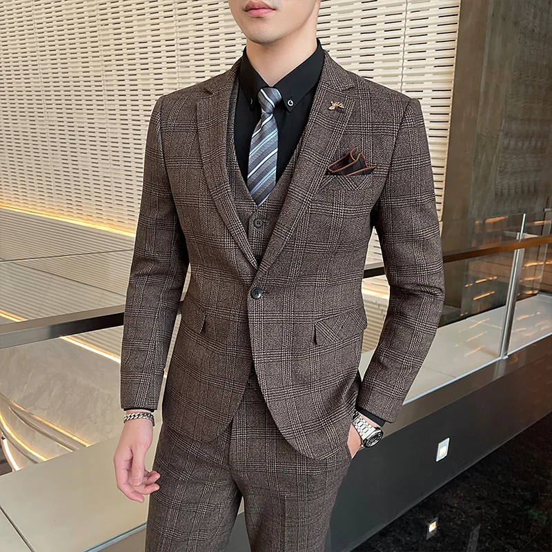 Dark Blue Men's Suit Three Piece, Business Casual Jacket and Vest with Trousers, Gray Dark Brown Slim Fit Sets, Asian Size - Image 2