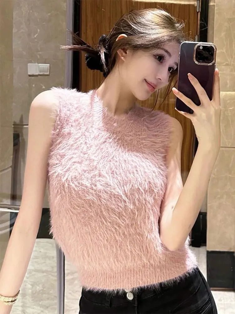 Faux Fur Tank Top Women Korean Knitted Cropped Tee Shirt Pulover Luxury Off shoulder Sleeveless Top Elegant Basic T-shirt 2025 - Image 2
