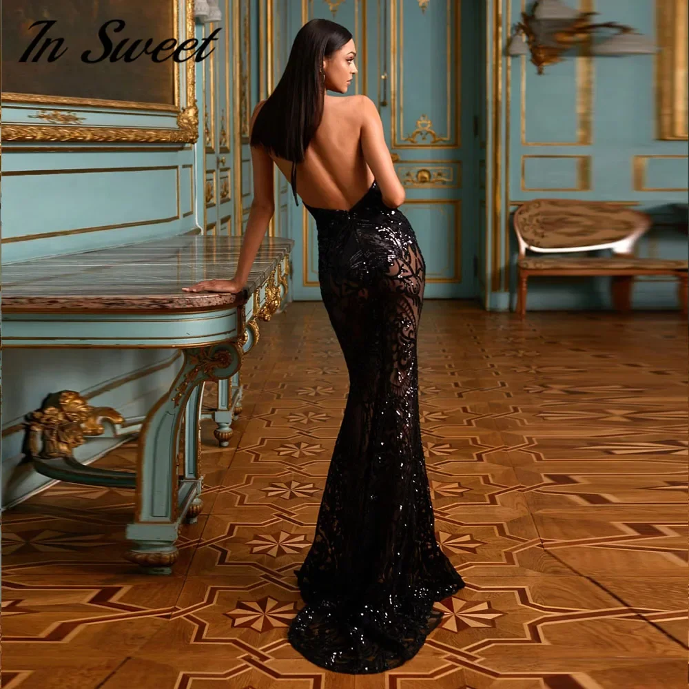 Customized Deep V Halter Mermaid Evening Dresses Black Sequin Lace Tulle Prom Gown Backless Sexy Court Train Party Dress Vestido - Image 2