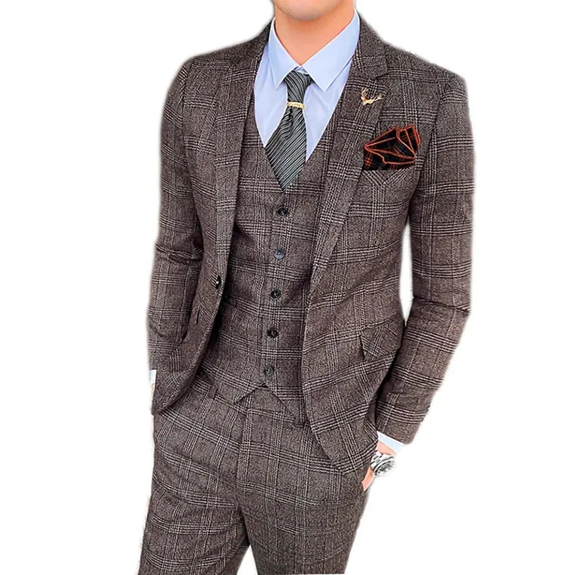 Dark Blue Men's Suit Three Piece, Business Casual Jacket and Vest with Trousers, Gray Dark Brown Slim Fit Sets, Asian Size