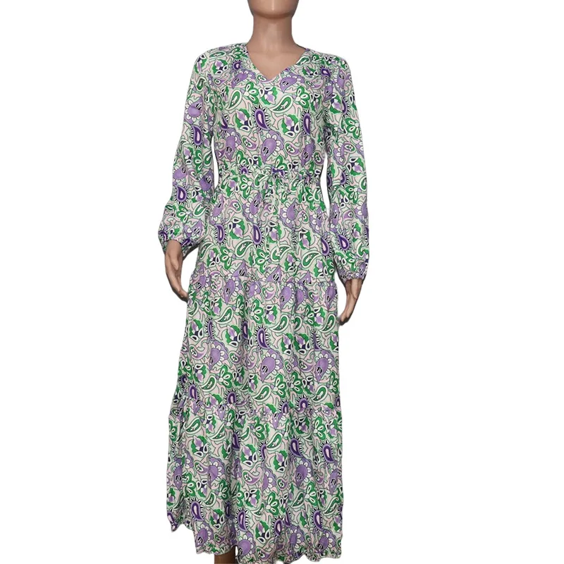 Women's Boho Elegant Long Dress Spring New Fashion Printed V-neck Long Sleeve High Waist Elastic Waist Dresses For Women Gress - Image 4