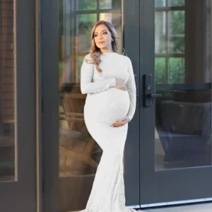 Lace Maternity Maxi Gowns Dresses for Photo Shoot Long Sleeve Chiffon Pregnant Women Baby Shower Pregnancy Dress Photography