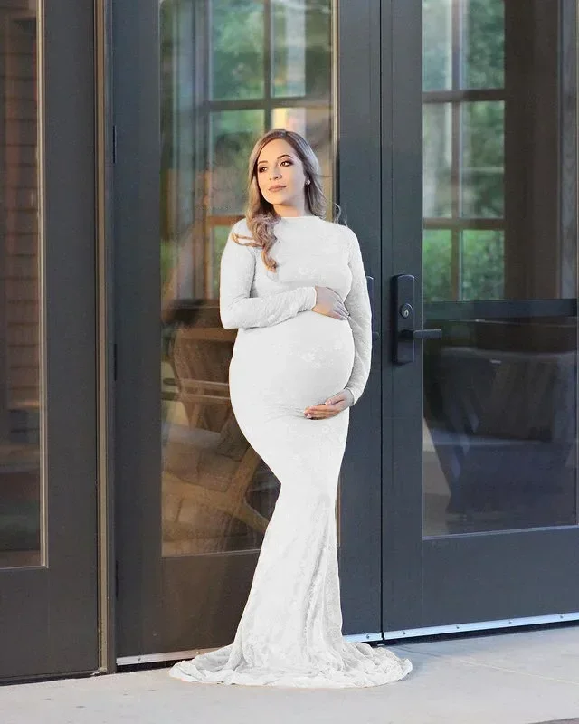 Lace Maternity Maxi Gowns Dresses for Photo Shoot Long Sleeve Chiffon Pregnant Women Baby Shower Pregnancy Dress Photography