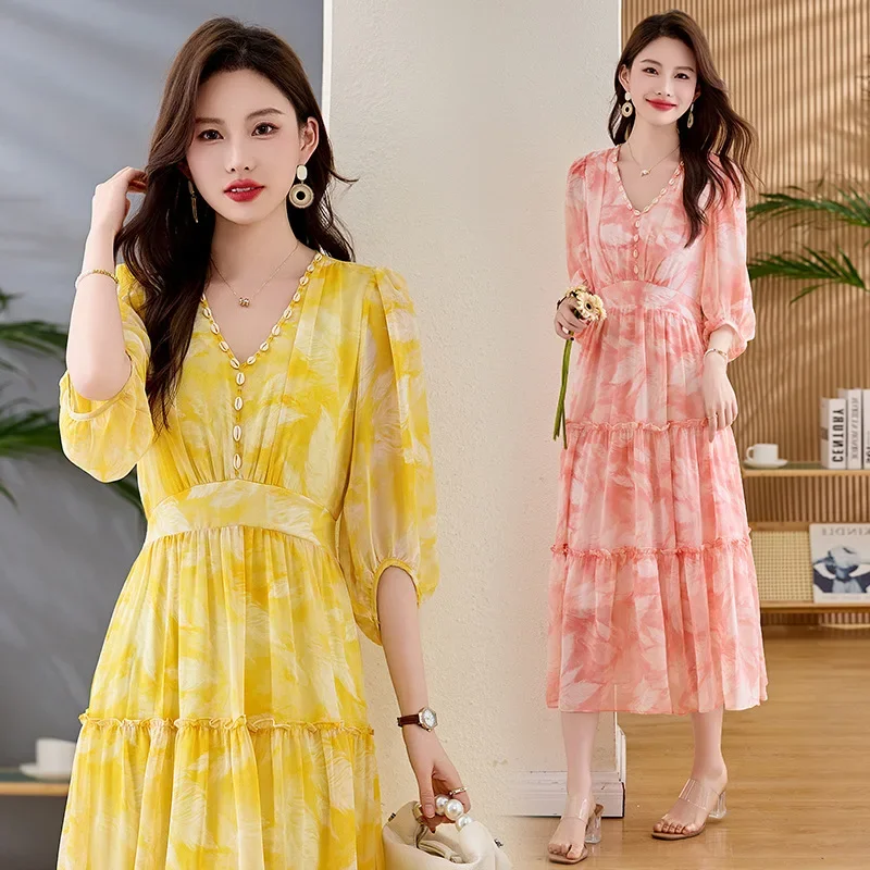 Fashionable Slimming Commuter Dress Waist-Cinching Summer New Arrival Princess Sleeve Polo Neck Knee-Length Chinese Origin