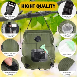 20L Solar Shower Bag for Camping - Solar Heating Portable Shower with Detachable Hose & Switchable Shower Head - Beach, Hiking &