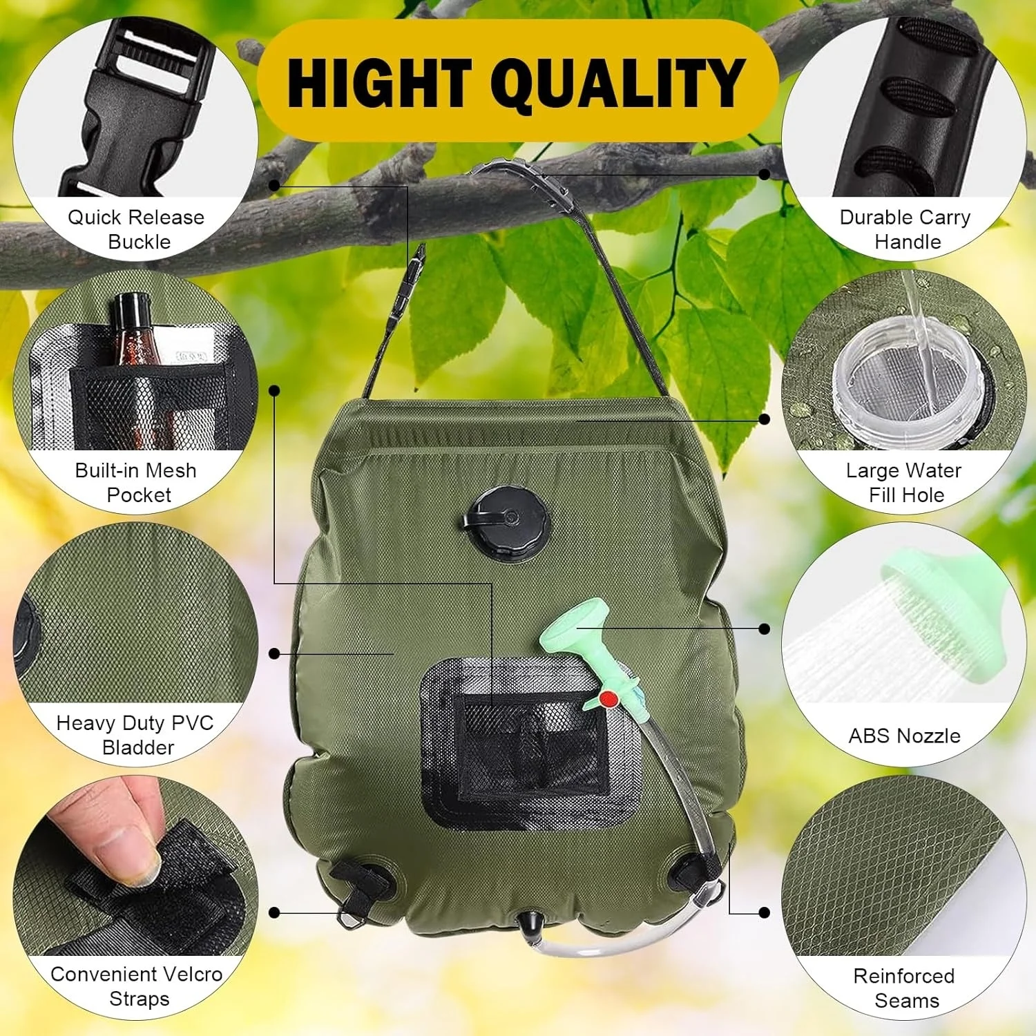 20L Solar Shower Bag for Camping - Solar Heating Portable Shower with Detachable Hose & Switchable Shower Head - Beach, Hiking &