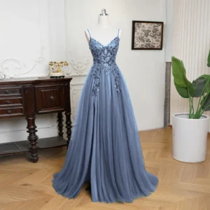 MisShow Sling Evening Dresses Sexy Spaghetti Straps V-Neck Illusion Sequins Appliques Prom Dress A-Line Train High Split Gowns