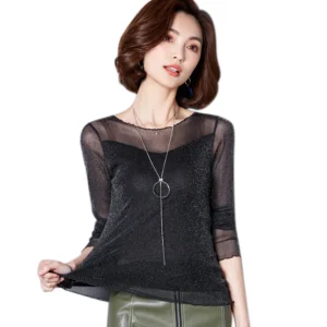 Glitter Mesh Blouse Sexy Womens Shirts Long Sleeve Tops Korean Black Pink O-Neck Elegant Slim Blouse Camisas Femininas