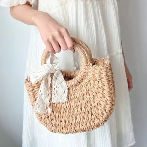 Handwoven Rattan Beach Bag Boho Half-Moon Purse Large HollowOut Tote Summer Crossbody Shoulder Bag Women's Fashion Straw Handbag