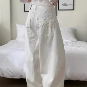 Loose Women's Denim Jeans Ba ket Knot Design Spring New Sle Casual High Waist Wide Leg Pants Pure Color