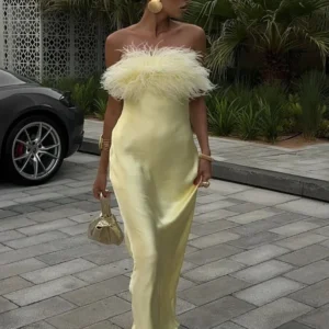 Elegant Yellow Satin Feather Long Vestido Women Sexy Strapless Backless Off Shoulder Slim Fit Dresses 2025 New Party Street Gown