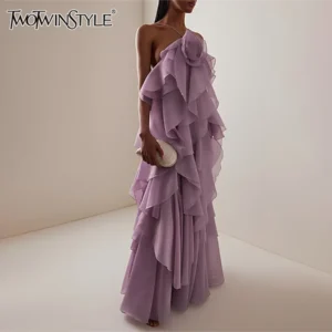 TWOTWINSTYLE Solid Spliced Ruffles Elegant Dresses For Women Halter Sleeveless High Wasit Backless Loose Dress Female Fashion