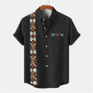 Ethnic Style Men's Color Blocked 3D Printed Button Neck Short Sleeved Shirt, High-quality Hawaiian Beach Top Hemd Herren