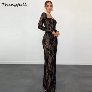 Thinyfull Mermaid Lace Prom Dresses Full Sleeveless Square Collar Evening Gown Birthday Party Dress robes de soirée Customized