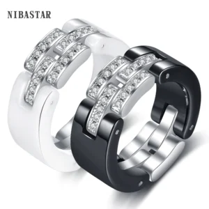 Brand Design Wedding Rings Middle Layer flexible White Black Ceramic Rings With Zircon for Wedding Women Girls Gift