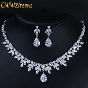 CWWZircons Best Bridal Party Accessories Silver Color Cubic Zirconia Wedding Necklace Earrings Jewelry Set For Brides T037
