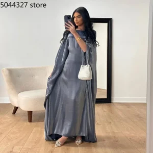 Muslim Satin Maxi Dress for Women,Batwing Sleeve,Dubai Abayas,Turkey,Saudi Arabic Robe, Ramadan Kaftan, Islamic Djellaba Gowns