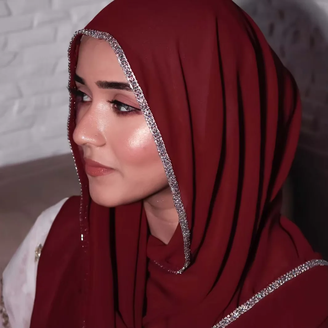 Shiny Crystal Edge Chiffon Hijab Scarf Head Scarf Headwraps for Women Foulard En Mousseline Hijabs for Woman Turban Femme - Image 10