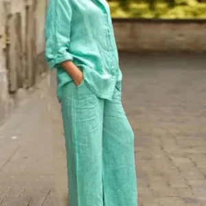 Fashion Cotton Linen Shirt Long Sleeved Women's Set Spring Autumn Loose Cotton Linen Wide Leg Trousers Female Office 2piece Set