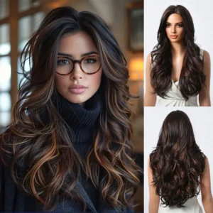 Long Curly Wavy Brown Wigs Highlights Brown Hair Synthetic Wigs For Women Daily Middle Part Natural Looking Wig High Temperature